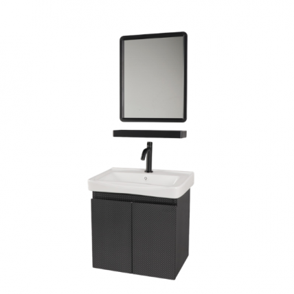 BELLANO CERAMIC BASIN CABINET 48.5X36CM SS EMB BK CW MIR WITH SHELF SET BBC_5002EBK_SET