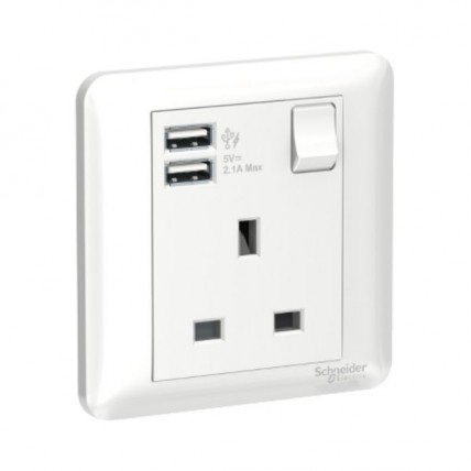 SCHNEIDER AFFLE PLUS WHITE 13A 1G SWITCH SOCKET WITH 2.1A USB - A3G15USB_WE_G11